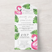 Flamingo Tropische Hawaiiaanse bladeren bloemenbru All In One Uitnodiging (Binnen)