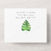 Flamingo Tropische Hawaiiaanse bladeren bloemenbru All In One Uitnodiging (Achterkant)