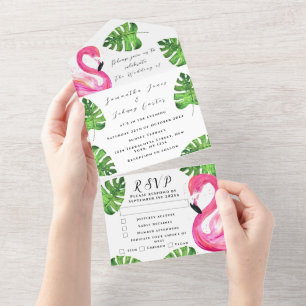 Flamingo Tropische Hawaiiaanse bladeren bloemenbru All In One Uitnodiging