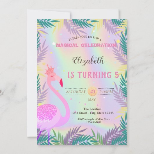 Flamingo, Tropische Leaves Holographic Birthday Kaart (Voorkant)