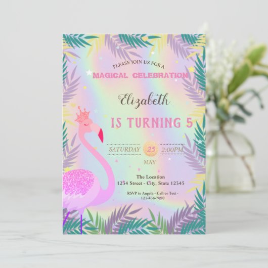 Flamingo, Tropische Leaves Holographic Birthday Kaart (Staand voorkant)