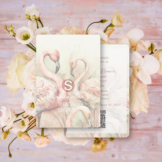 Flamingo Tropische Monogram Bruiloft QR Code Kaart