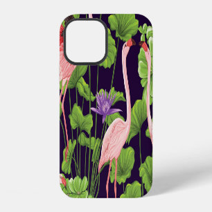 Flamingo, tropische planten, zwarte achtergrond. iPhone 12 hoesje
