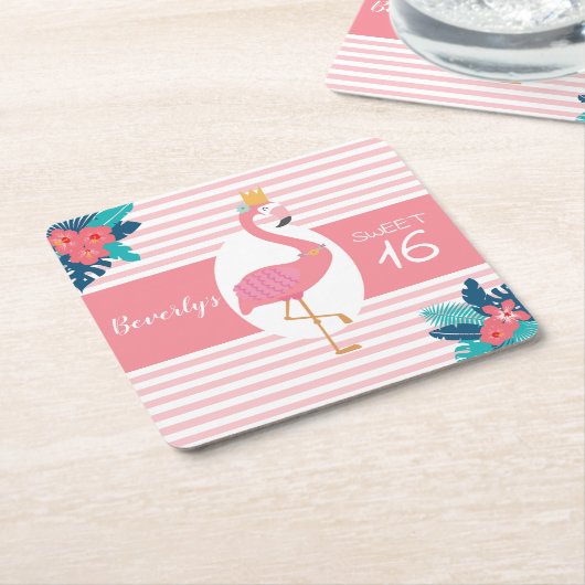 Flamingo tropische roze en blauwe florale 16e kartonnen onderzetters (Schuin)