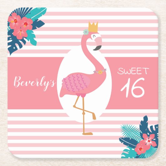 Flamingo tropische roze en blauwe florale 16e kartonnen onderzetters (Voorkant)