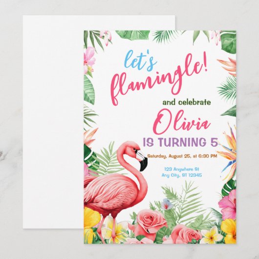 Flamingo Tropische Verjaardag Uitnodiging Zomerroz (Voorkant / Achterkant)