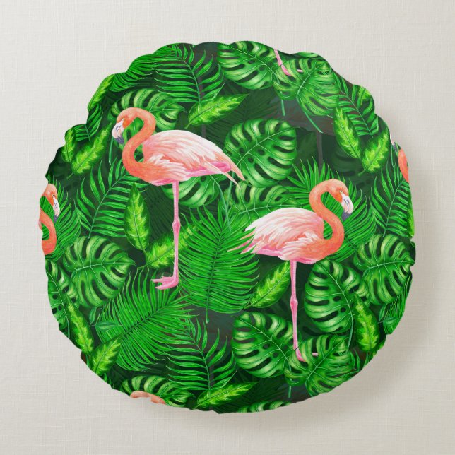 Flamingo tropische waterverf rond kussen (Voorkant)