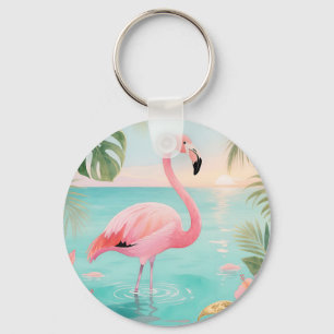 Flamingo Tropische Zonsondergang Aquarel Sleutelhanger