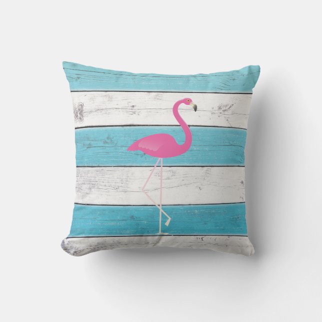 Flamingo Turquoise & White Striped Outdoor Pillow Buitenkussen (Voorkant)