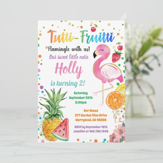 Flamingo Tutti Fruitti Girl 2e verjaardag Kaart (Staand voorkant)