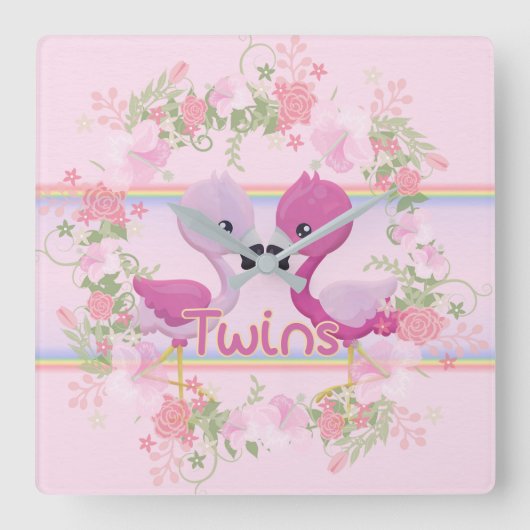 Flamingo Twins Time Vierkante Klok (Voorkant)