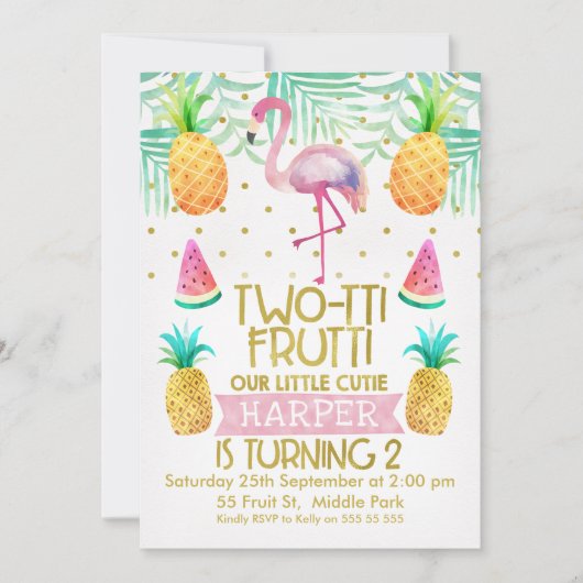Flamingo Two-Tii Frutti 2e verjaardag Uitnodiging (Voorkant)