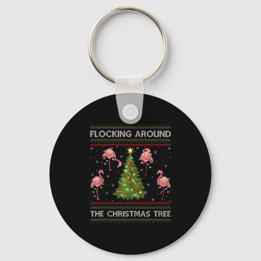 Flamingo Ugly Christmas Sweater Style Flamingo Bir Sleutelhanger (Voorkant)