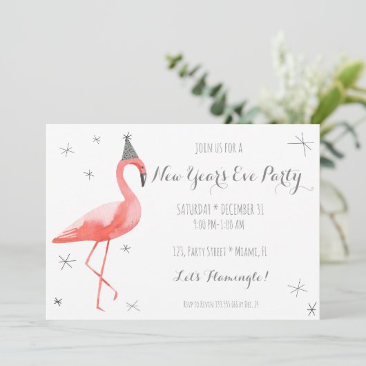 Flamingo Uitnodiging voor Fun voor nieuwjaarsfeest (Staand voorkant)