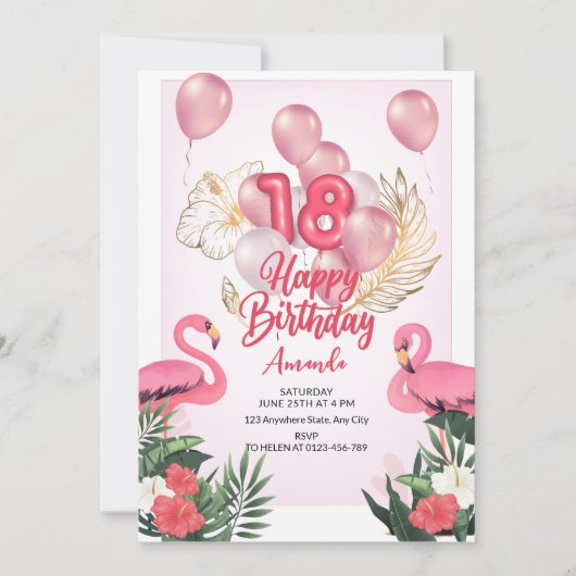 Flamingo uitnodiging voor verjaardagsfeestje, 18e  (Voorkant)