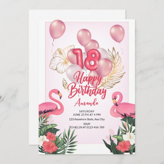 Flamingo uitnodiging voor verjaardagsfeestje, 18e (Voorkant / Achterkant)