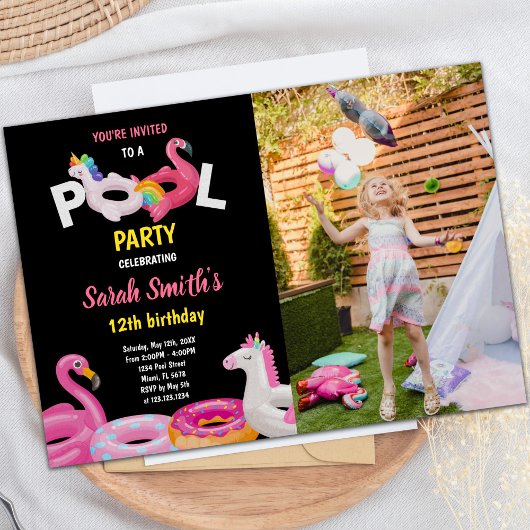 Flamingo Unicorn Pool Birthday Invitation foto Kaart