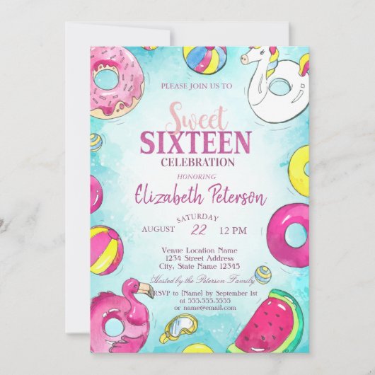 Flamingo Unicorn Summer Pool Sweet 16 Party Kaart (Voorkant)