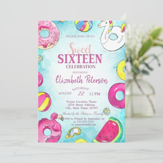 Flamingo Unicorn Summer Pool Sweet 16 Party Kaart (Staand voorkant)