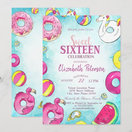 Flamingo Unicorn Summer Pool Sweet 16 Party Kaart (Voorkant / Achterkant)