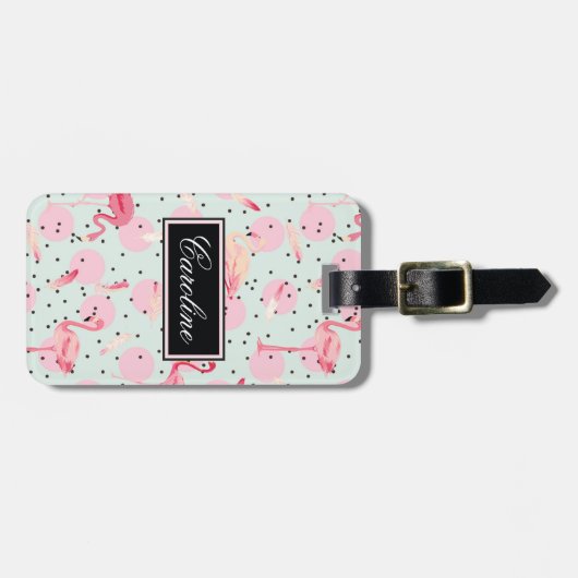 Flamingo-veren op pokadots bagagelabel (Voorkant horizontaal)