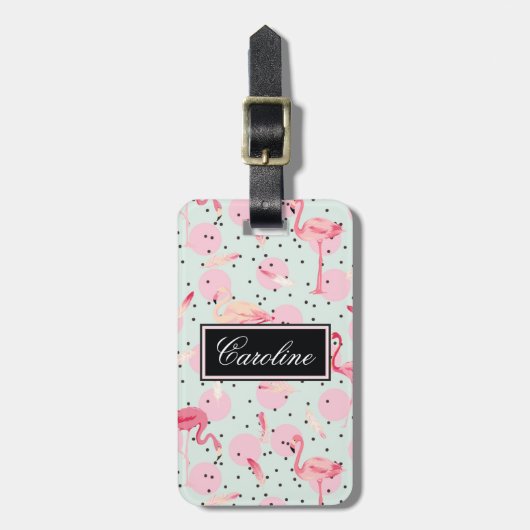 Flamingo-veren op pokadots bagagelabel (Voorkant verticaal)