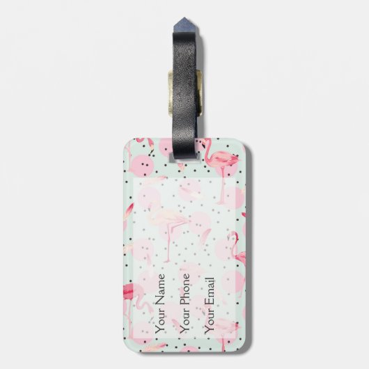 Flamingo-veren op pokadots bagagelabel (Achterkant verticaal)