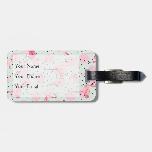 Flamingo-veren op pokadots bagagelabel (Achterkant horizontaal)