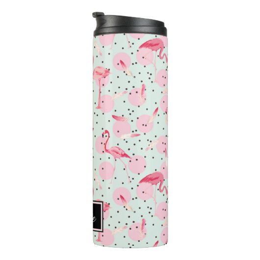 Flamingo-veren op pokadots | Jouw namen toevoegen Thermosbeker (Geroteerd rechts)