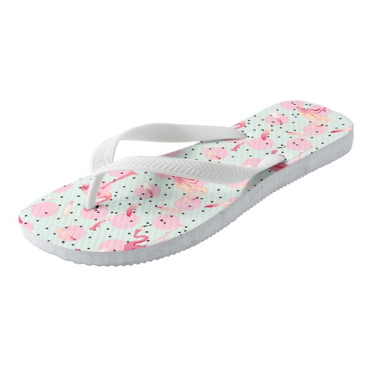 Flamingo-veren op pokadots teenslippers (Schuin)