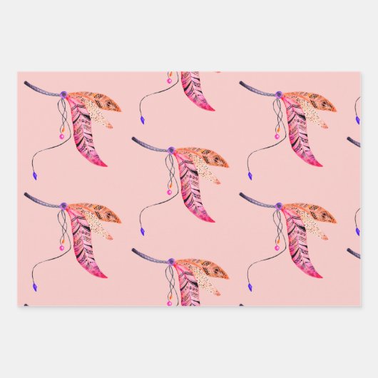 Flamingo & veren wrapping papier set van 3 inpakpapier vel (Voorkant 2)
