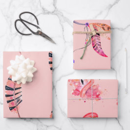 Flamingo & veren wrapping papier set van 3 inpakpapier vel