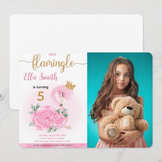 Flamingo Verjaardag Foto uitnodiging (Voorkant / Achterkant)