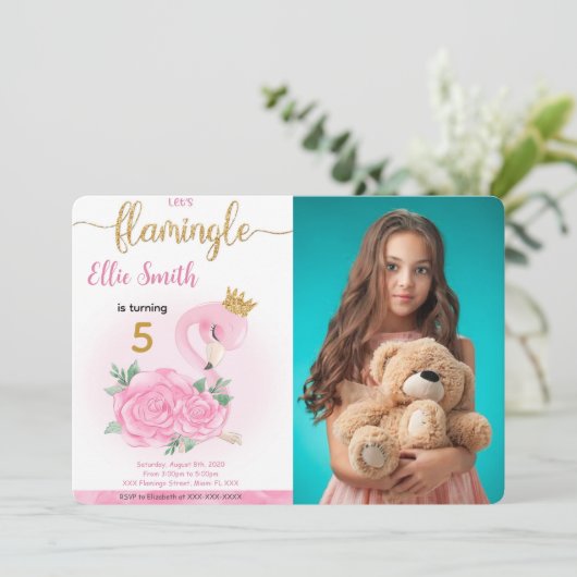 Flamingo Verjaardag Foto uitnodiging (Staand voorkant)
