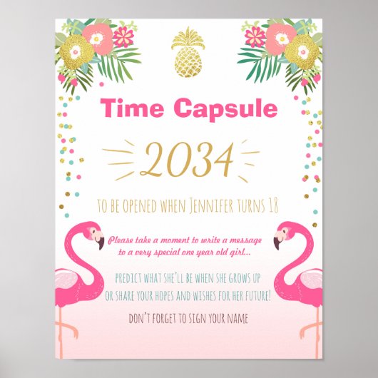 Flamingo Verjaardag gastboek Tijd Capsule Ananas Poster (Voorkant)