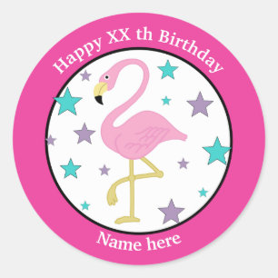 Flamingo verjaardag gepersonaliseerd elke leeftijd ronde sticker