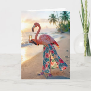 Flamingo verjaardag met champagne op een strand kaart