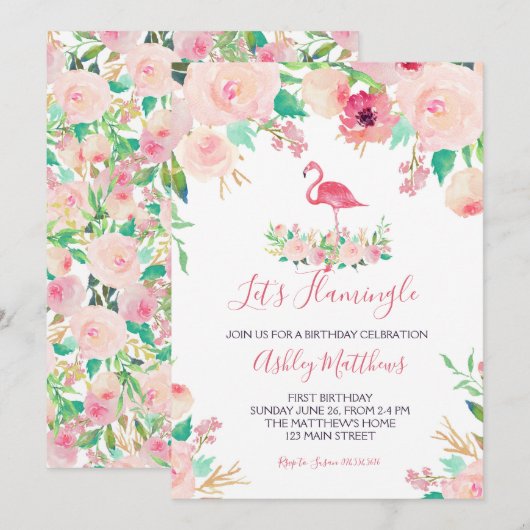 Flamingo Verjaardag Uitnodiging, Flamingo Douche Kaart (Voorkant / Achterkant)