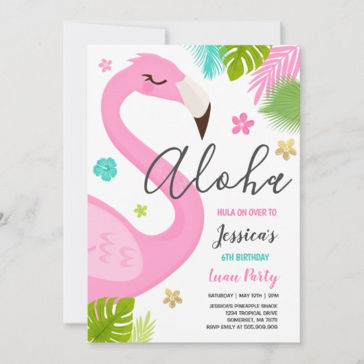 Flamingo Verjaardag Uitnodiging Hawaiian Luau Part (Voorkant)
