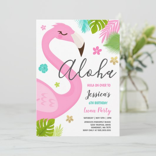 Flamingo Verjaardag Uitnodiging Hawaiian Luau Part (Staand voorkant)