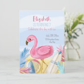 Flamingo Verjaardag uitnodiging, Pool Party verjaa Kaart (Staand voorkant)