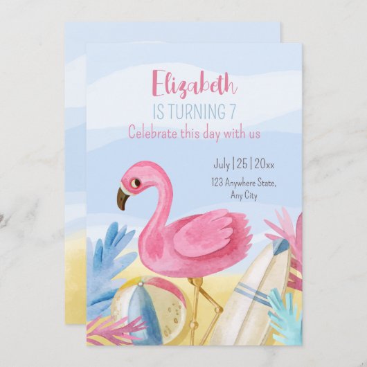 Flamingo Verjaardag uitnodiging, Pool Party verjaa Kaart (Voorkant / Achterkant)