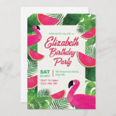 Flamingo Verjaardag uitnodiging, Pool Party verjaa Kaart (Voorkant / Achterkant)