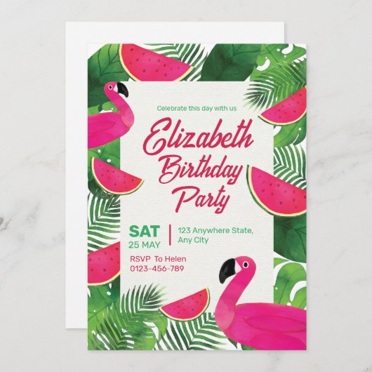 Flamingo Verjaardag uitnodiging, Pool Party verjaa Kaart (Voorkant / Achterkant)