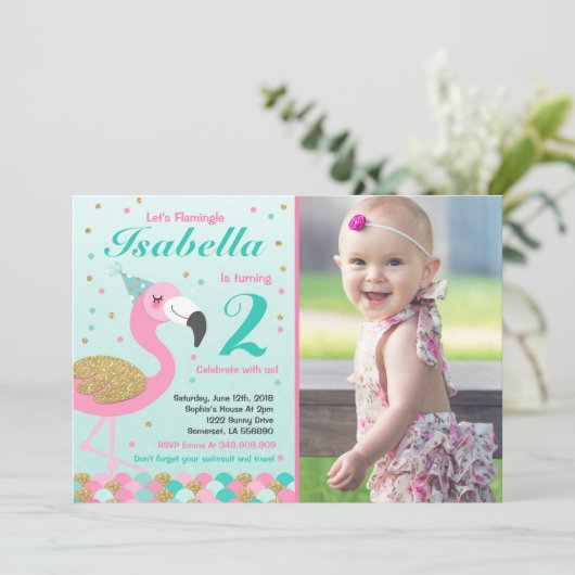Flamingo Verjaardag Uitnodiging Topical Pool Party (Staand voorkant)