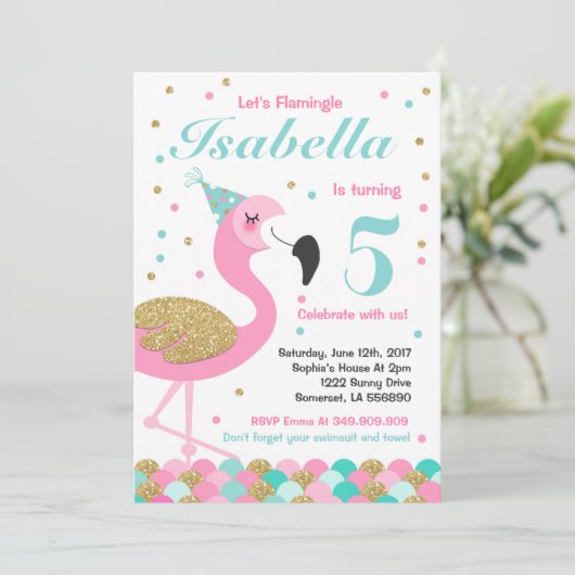 Flamingo Verjaardag Uitnodiging Topical Pool Party (Staand voorkant)