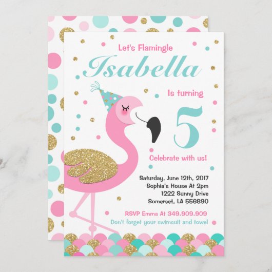 Flamingo Verjaardag Uitnodiging Topical Pool Party (Voorkant / Achterkant)