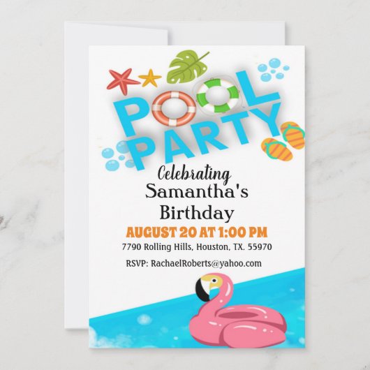 Flamingo verjaardags zwembadfeest uitnodiging (Voorkant)