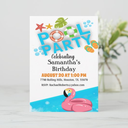 Flamingo verjaardags zwembadfeest uitnodiging (Staand voorkant)