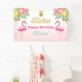 Flamingo verjaardagsbanner Tropical Luau Pineapple Spandoek (Insitu)